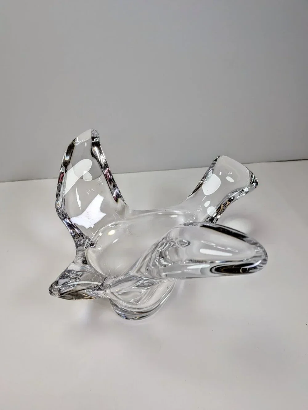 Vintage Clear Art Glass Bird Trinket Dish, Ring Holder, Wings Up Heavy Weight